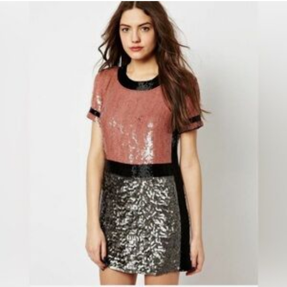 French Connection T-Shelly Sequin Color Block Cocktail Formal Dress Size 0